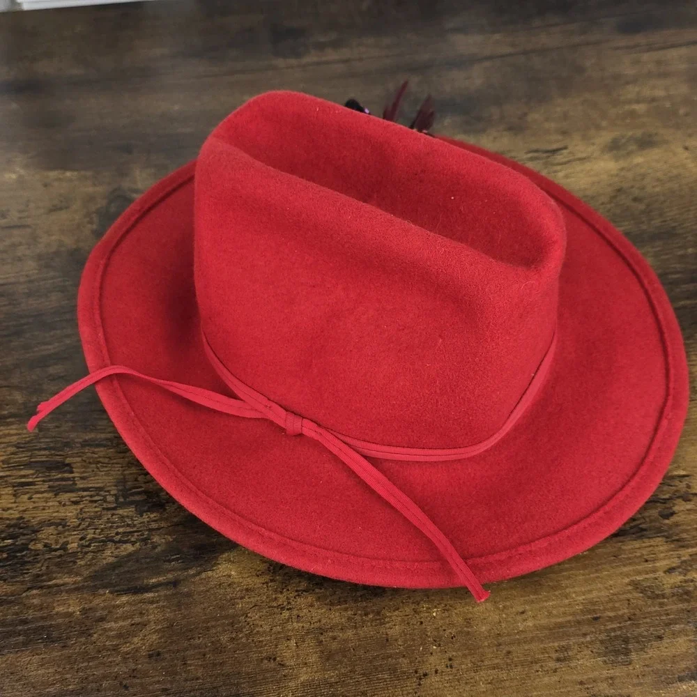 Vintage LHC Brands Red Wool Fedora Hat Medium‎ USA Made w/ Butterfly Accent